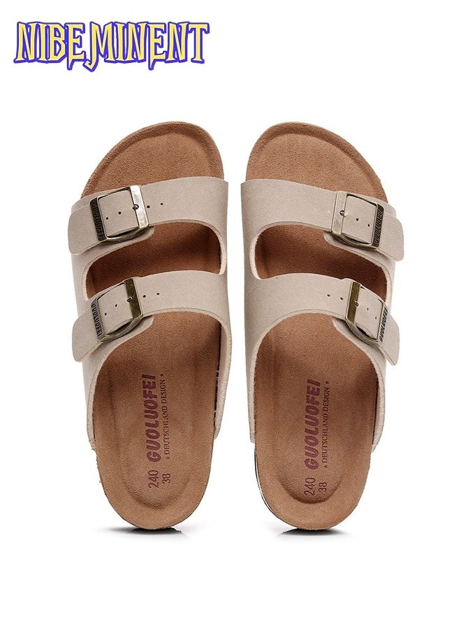 NIBEMINENT Cork Slippers for Men and Women with Double Row Belt Buckle Sandals, Beach Shoes, Haken Shoes Beige  - Image 1
