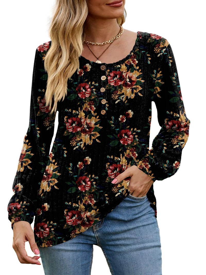 DB MOON Womens Long Sleeve Tops Lightweight Sweaters 2026 Fall Henley Shirt Casual Crewneck Loose Tunic L Brown Red Floral - Image 3