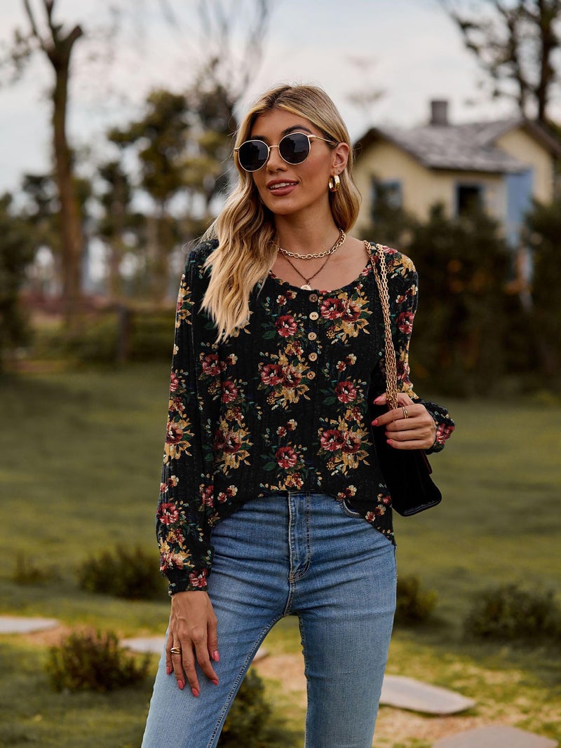 DB MOON Womens Long Sleeve Tops Lightweight Sweaters 2026 Fall Henley Shirt Casual Crewneck Loose Tunic L Brown Red Floral - Image 2