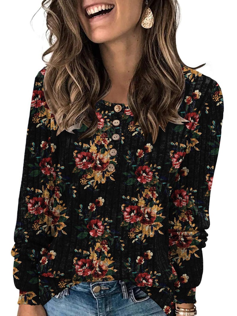 DB MOON Womens Long Sleeve Tops Lightweight Sweaters 2026 Fall Henley Shirt Casual Crewneck Loose Tunic L Brown Red Floral - Image 1
