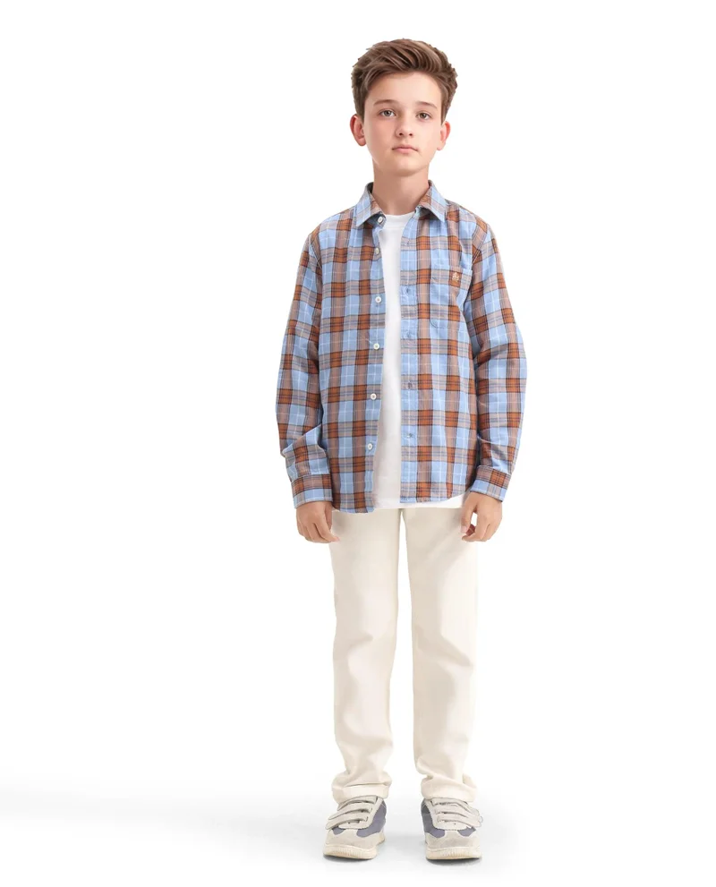 Rare Ones Rare Ones Kids Cruz Light Blue Cotton Checked Button Closure Regular Fit Shirt