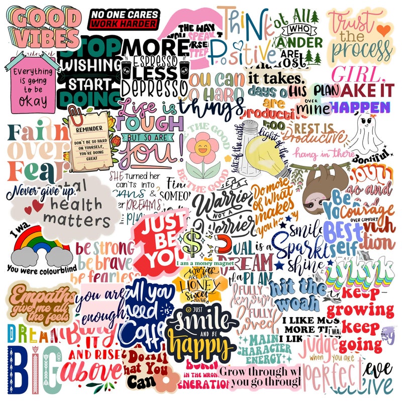 True Flair Trueflair Pack of 61 Vinyl Quotes Stickers for Girls, Random Designs, for Laptop, Journal, Bike Helmet, Diary, Guitar, Mobile, Waterproof, Self-Adhesive (Positivity Motivational) - Image 1