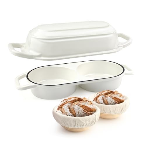 YONILL Mini Double Dutch Oven for Sourdough Bread Baking - Enameled Cast Iron Dutch Oven Pot with Lid and 5" Banneton Bread Proofing Basket Kit, Dual Round Bread Loaf Pan for Homemade Baking (White) - Image 1