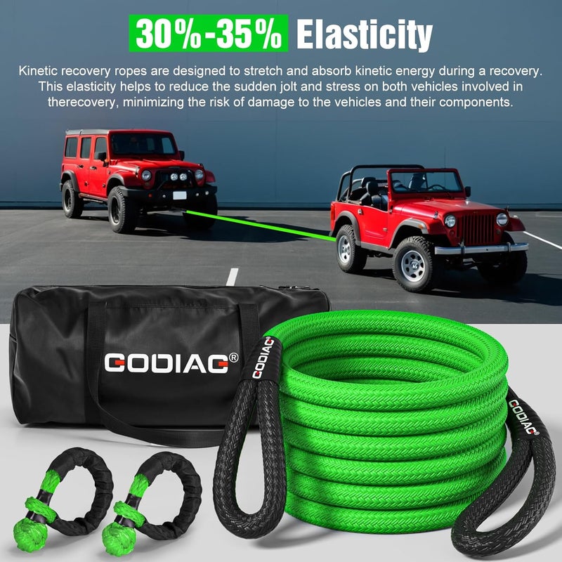 GODIAG 1"×30ft Kinetic Recovery Tow Rope with 2 Soft Shackles - 46500lbs Heavy Duty Energy Rope for Offroad Vehicles - Image 4