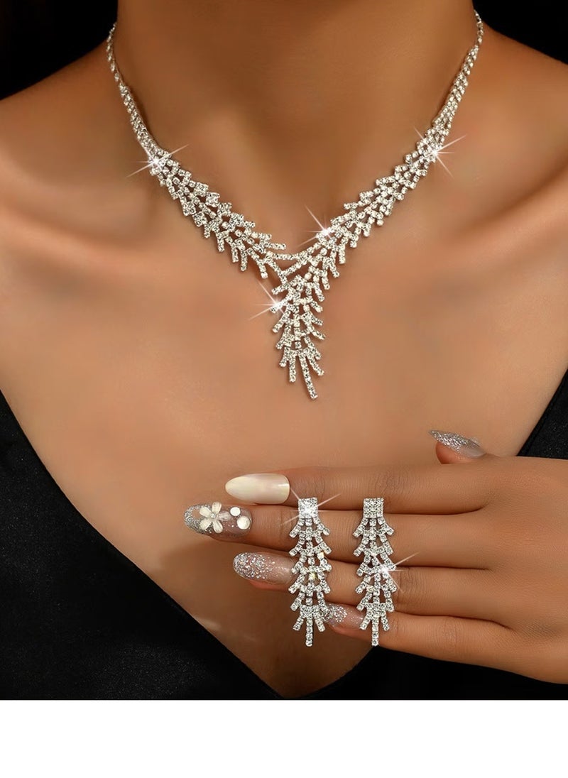 2 Piece Jewelry Set of Necklace and Earrings Shiny Diamond Chic Rhinestone Decor Jewellery Set for Women Ladies Gift for Mother Wife Girlfriend Bridesmaids Wedding Party Accessories - Image 1