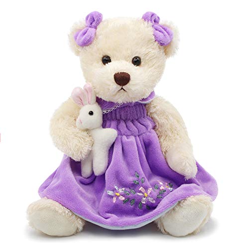oits cute Oitscute Small Baby Teddy Bear with Cloth Cute Stuffed Animal Soft Plush Toy 10" (Purple Dress with Rabbit) - Image 1