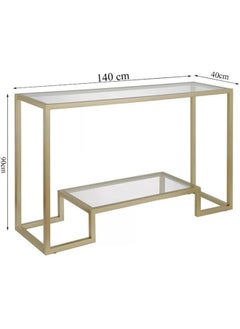 YINZUO YINZUO Modern Console Table with 2-Tier Tempered Clear Glass Shelves – Metal Frame in Black or Gold, Entryway Sofa Table for Living Room, Bedroom, or Hallway (Matt Gold, 140 cm)  - Image 2
