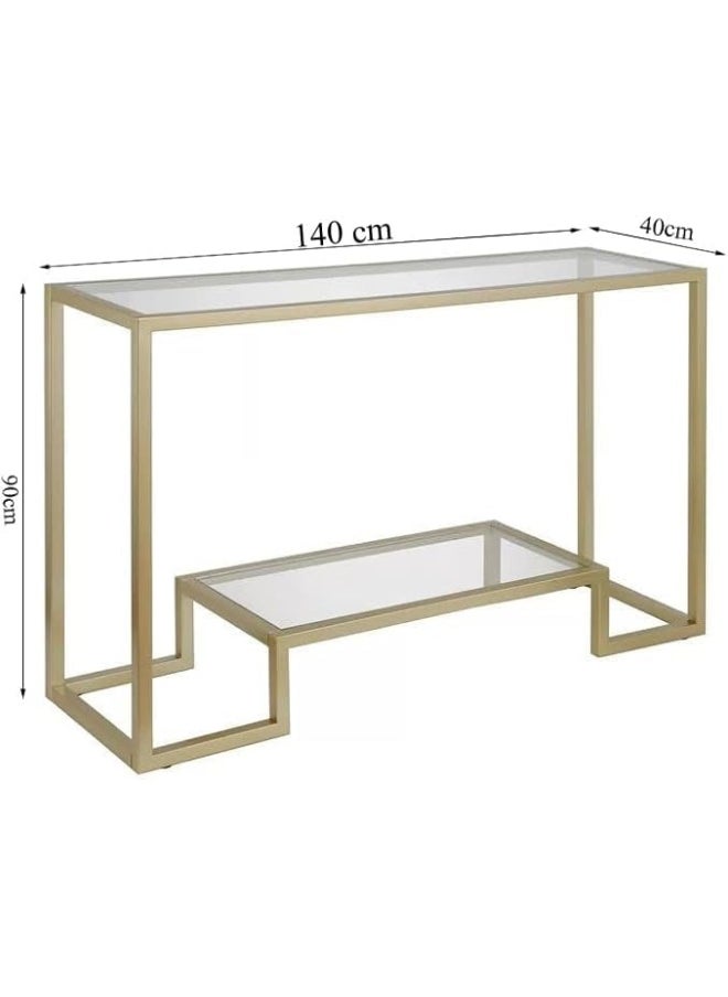 YINZUO - YINZUO Modern Console Table with 2-Tier Tempered Clear Glass Shelves – Metal Frame in Black or Gold, Entryway Sofa Table for Living Room, Bedroom, or Hallway (Matt Gold, 140 cm) - Image 1