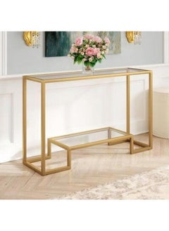 YINZUO YINZUO Modern Console Table with 2-Tier Tempered Clear Glass Shelves – Metal Frame in Black or Gold, Entryway Sofa Table for Living Room, Bedroom, or Hallway (Matt Gold, 140 cm)  - Image 4