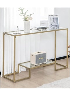YINZUO YINZUO Modern Console Table with 2-Tier Tempered Clear Glass Shelves – Metal Frame in Black or Gold, Entryway Sofa Table for Living Room, Bedroom, or Hallway (Matt Gold, 140 cm)  - Image 1