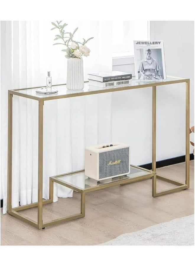 YINZUO - YINZUO Modern Console Table with 2-Tier Tempered Clear Glass Shelves – Metal Frame in Black or Gold, Entryway Sofa Table for Living Room, Bedroom, or Hallway (Matt Gold, 140 cm) - Image 1