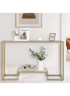 YINZUO YINZUO Modern Console Table with 2-Tier Tempered Clear Glass Shelves – Metal Frame in Black or Gold, Entryway Sofa Table for Living Room, Bedroom, or Hallway (Matt Gold, 140 cm)  - Image 3
