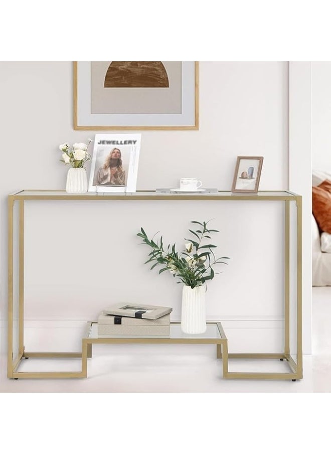 YINZUO - YINZUO Modern Console Table with 2-Tier Tempered Clear Glass Shelves – Metal Frame in Black or Gold, Entryway Sofa Table for Living Room, Bedroom, or Hallway (Matt Gold, 140 cm) - Image 1