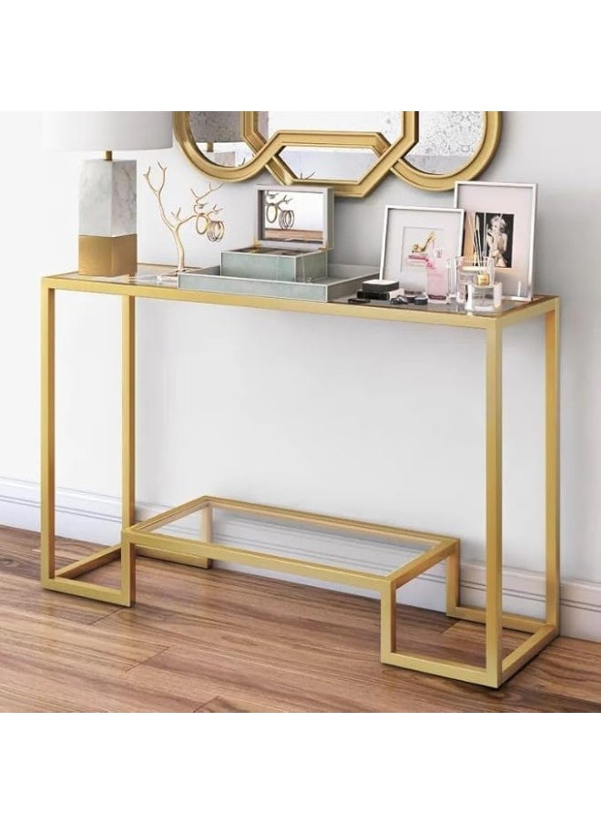 YINZUO - YINZUO Modern Console Table with 2-Tier Tempered Clear Glass Shelves – Metal Frame in Black or Gold, Entryway Sofa Table for Living Room, Bedroom, or Hallway (Matt Gold, 140 cm) - Image 1