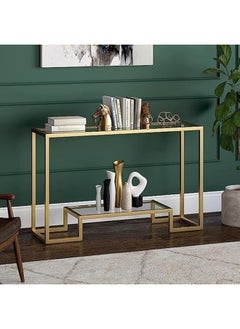 YINZUO YINZUO Modern Console Table with 2-Tier Tempered Clear Glass Shelves – Metal Frame in Black or Gold, Entryway Sofa Table for Living Room, Bedroom, or Hallway (Matt Gold, 140 cm)  - Image 5