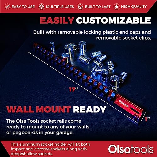 Olsa Tools 3/8-Inch Drive Aluminum Socket Organizer with Locking End Caps | Professional Quality Socket Holder (RED) - Image 3