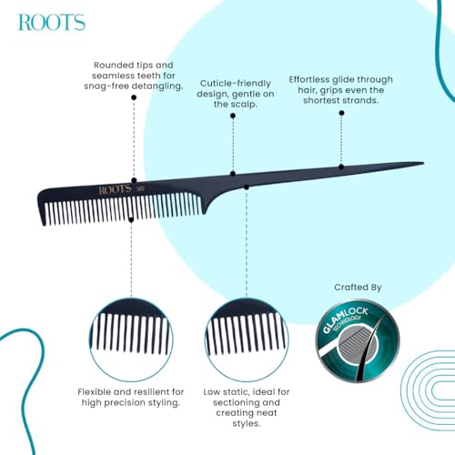 ROOTS - Professional Tail Comb | Salon Grade - For Men & Women | Ideal for Sectioning, Highlighting, Colouring | Smooth & Round Teeth prevent Hair & Scalp damage|, Length - 9 Inch | Model No - 302 - Image 2