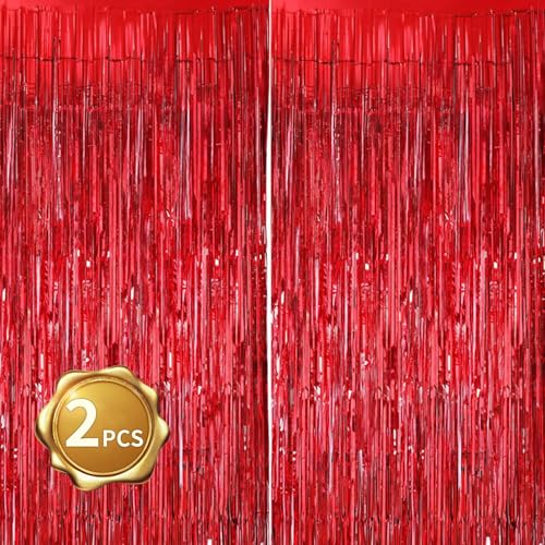 بيشيدا 2 قطع من شرائط الأبواب الحمراء ستارة تينسل ستارة حفلة خلفية شرائط فويل جدار خلفية لتزيين حفلات عيد الميلاد عيد الحب الزفاف 328 قدم × 656 قدم