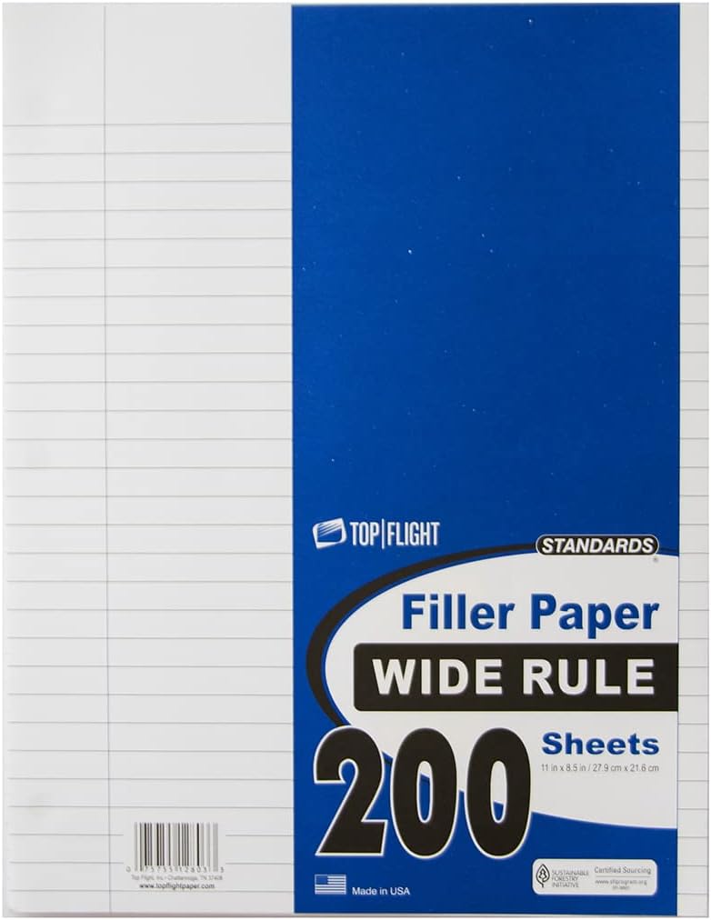 Top Flight Filler Paper, 8.5 x 11 Inches, Wide Rule, 200 Sheets (12803) White - Image 1
