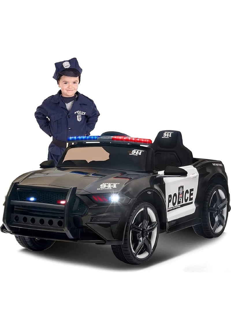 Kids Ride-On Police Car with Remote Control | 12V Electric Car with LED Lights, Siren Sounds, and Music | Rechargeable Battery, Safety Belt, & Realistic Design | Perfect Gift for Boys & Girls (Black)  - Image 1