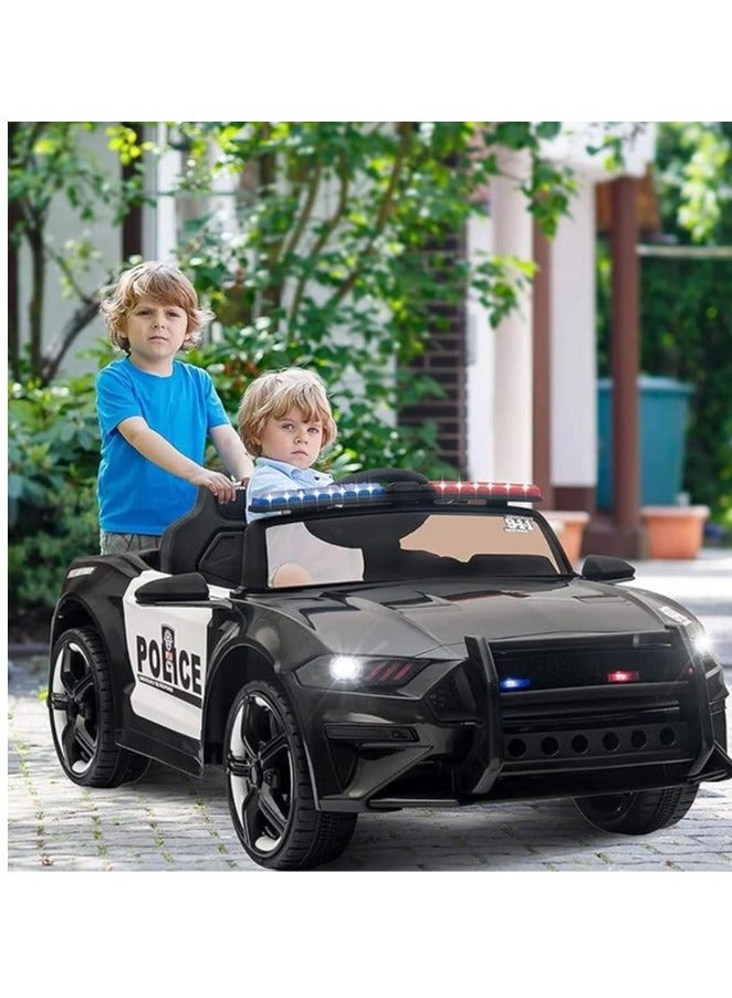 Kids Ride-On Police Car with Remote Control | 12V Electric Car with LED Lights, Siren Sounds, and Music | Rechargeable Battery, Safety Belt, & Realistic Design | Perfect Gift for Boys & Girls (Black)  - Image 2