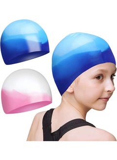 Garlo Summer Swim Cap Kids Waterproof 2 Pack Silicone Swimming Caps for Girls Boys Aged 2-12. Bathing Caps for Kids .Toddler Children Pool Swim Cap .  - Image 1