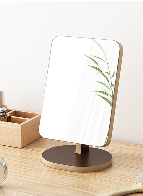 Fashion Walnut Solid Wood Shatterproof Rectangle Makeup Mirror 90 Degrees Flexible Rotation Smooth Desktop Rectangle Vanity Mirror Brown 17*22CM