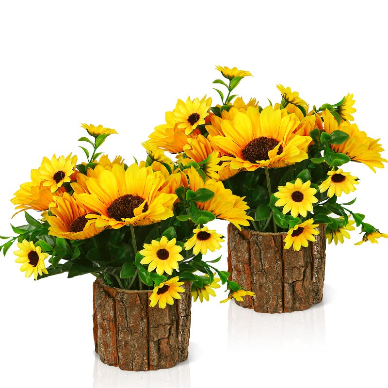 Lilithye Artificial Flowers Fake Silk Sunflower Flower in Planters Flower Vase Small Rustic Potted Flower Arrangements Artificial for Home Outdoors Tabletop Decor Set of 2 (Yellow) - Image 1