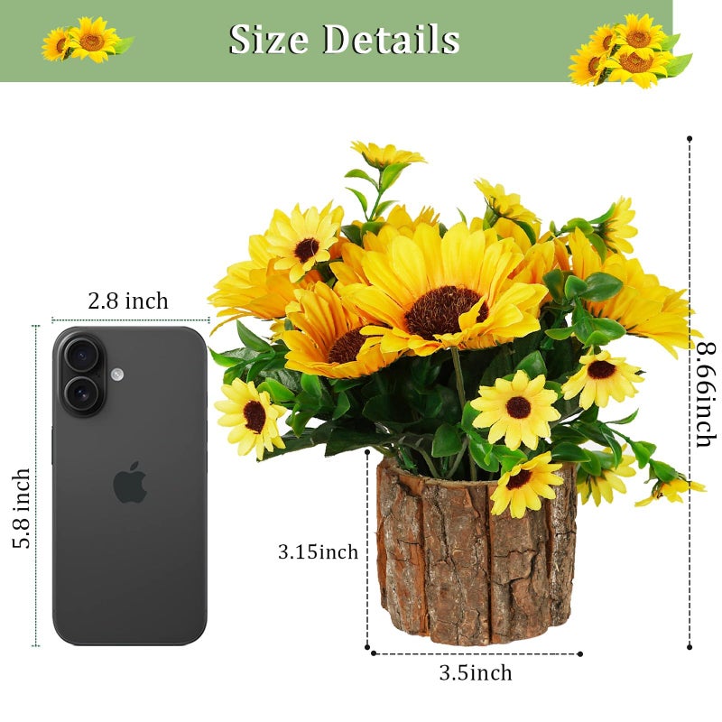 Lilithye Artificial Flowers Fake Silk Sunflower Flower in Planters Flower Vase Small Rustic Potted Flower Arrangements Artificial for Home Outdoors Tabletop Decor Set of 2 (Yellow) - Image 2