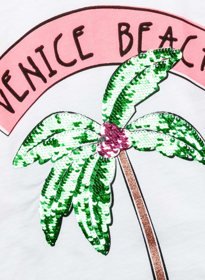 مينوتي تيشيرت بناتي قطني بكتابة وطبعة نخيل لامعة صيفي - Image 3