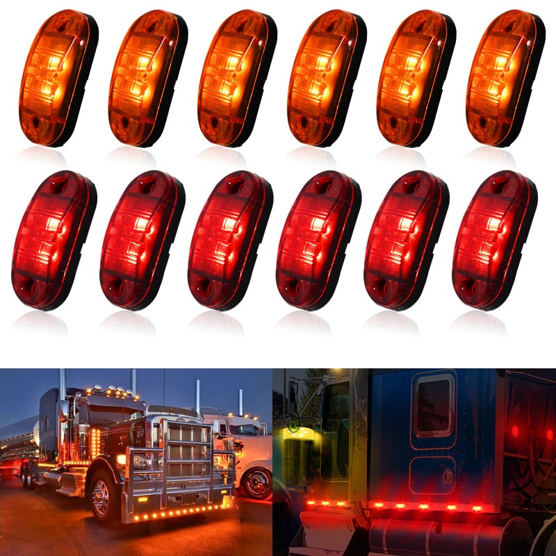 UNXMRFF 12Pack 25 inch LED Trailer Lights Kit Front Rear Side Marker Clearance Indicators Light Lamp Amber Red DC1224V Waterproof Universal for RV Camper Truck Van Caravan Boat - Image 2