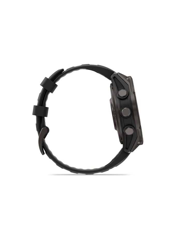 GARMIN Fenix 8 Pro - 47MM - Carbon Gray DLC Titanium with Black/Pebble Gray Silicone Band - Up to 8 Days of Battery Life  - 1.4"Amoled Display, sapphire crystal, Heart Rate Monitor, All day stress monitor, Gps tracking, Super bright LED flashlight, iOS and Android compatible black - Image 4