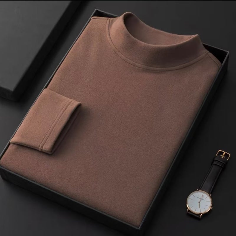 Half turtleneck double-sided velvet bottoming shirt mens autumn and winter solid color fleece-lined thick thermal underwear mens new long sleeve T-shirt Brown - Image 1