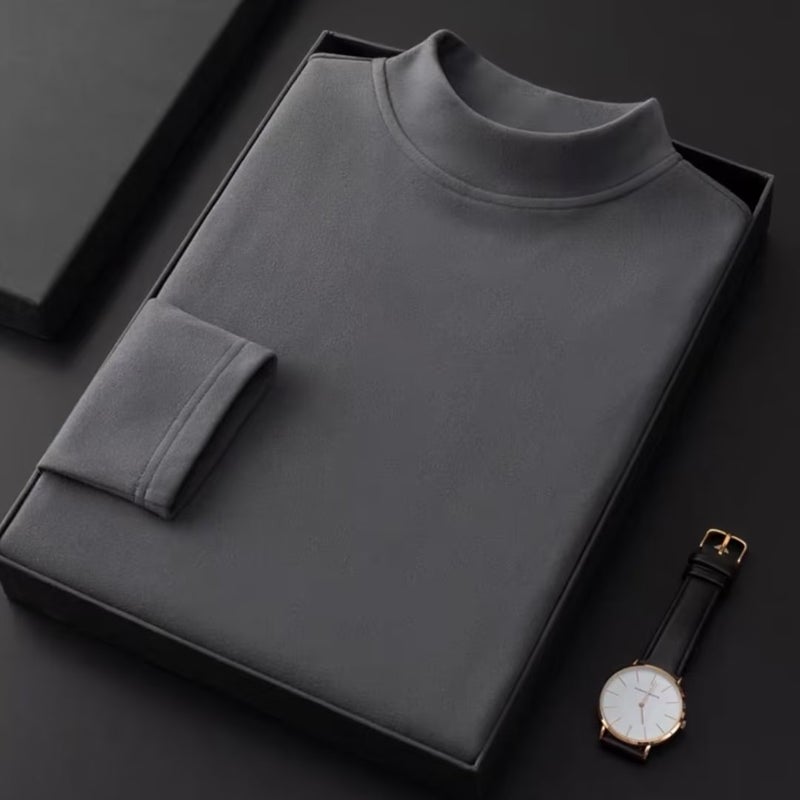 Half turtleneck double-sided velvet bottoming shirt mens autumn and winter solid color fleece-lined thick thermal underwear mens new long sleeve T-shirt Brown - Image 4