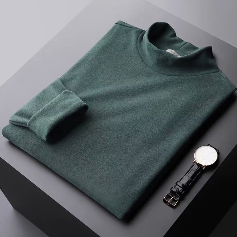 Half turtleneck double-sided velvet bottoming shirt mens autumn and winter solid color fleece-lined thick thermal underwear mens new long sleeve T-shirt Brown - Image 2