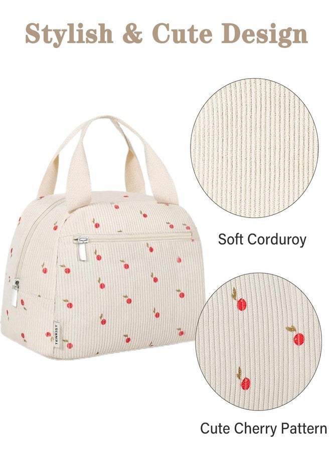 TENKIST Cute Lunch Box Tote Bag - Corduroy Insulated Cooler Bags for Women - Lightweight Reusable Portable Soft Lunch Pail Kit for Kids Teen Girl Adults Work School Picnic Travel Cherry 12L - Image 3