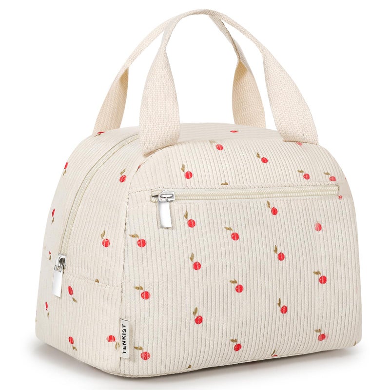 TENKIST Cute Lunch Box Tote Bag - Corduroy Insulated Cooler Bags for Women - Lightweight Reusable Portable Soft Lunch Pail Kit for Kids Teen Girl Adults Work School Picnic Travel Cherry 12L - Image 1