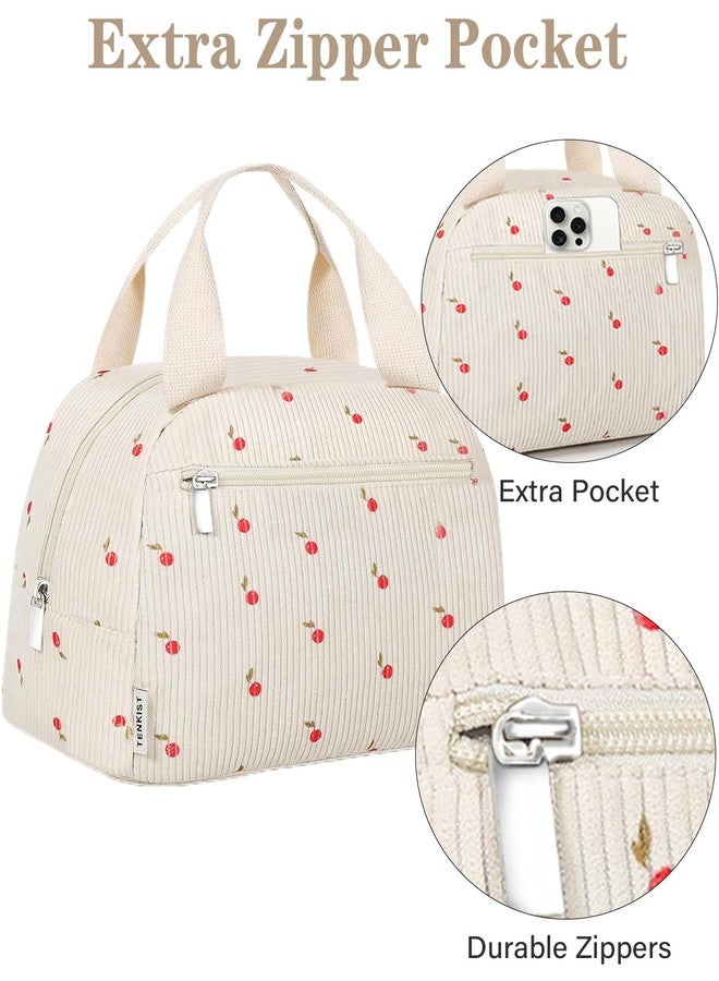 TENKIST Cute Lunch Box Tote Bag - Corduroy Insulated Cooler Bags for Women - Lightweight Reusable Portable Soft Lunch Pail Kit for Kids Teen Girl Adults Work School Picnic Travel Cherry 12L - Image 2
