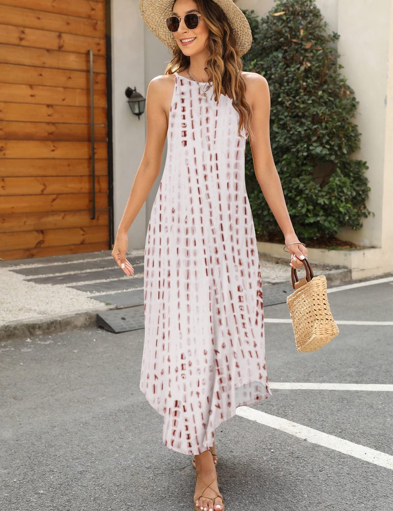 Halife Womens Maxi Dress Summer Sleeveless Halter Casual Sundresses Spaghetti Strap Tie Dye Vacation Dresses Coffee XL - Image 2