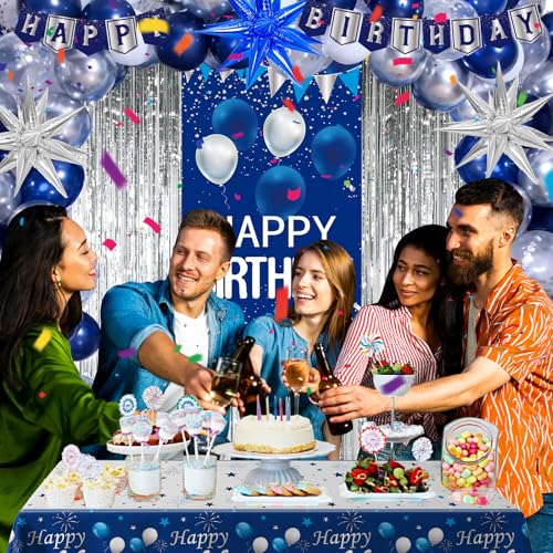 Pounira Blue Birthday Decorations for Men Women Happy Birthday Decorations for Boys Girls Navy Blue Happy Birthday Door Banner Tablecloth Foil Backdrop Star Balloons Arch for Mens Bday Party Supplies - Image 5