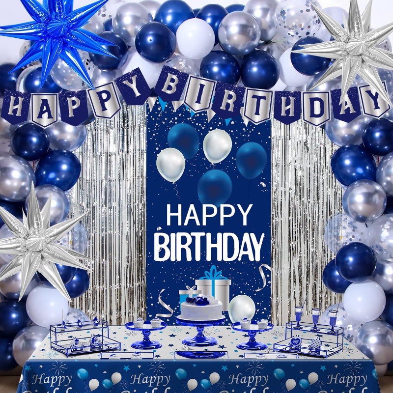 Pounira Blue Birthday Decorations for Men Women Happy Birthday Decorations for Boys Girls Navy Blue Happy Birthday Door Banner Tablecloth Foil Backdrop Star Balloons Arch for Mens Bday Party Supplies - Image 3