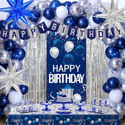Pounira Blue Birthday Decorations for Men Women Happy Birthday Decorations for Boys Girls Navy Blue Happy Birthday Door Banner Tablecloth Foil Backdrop Star Balloons Arch for Mens Bday Party Supplies - Image 1
