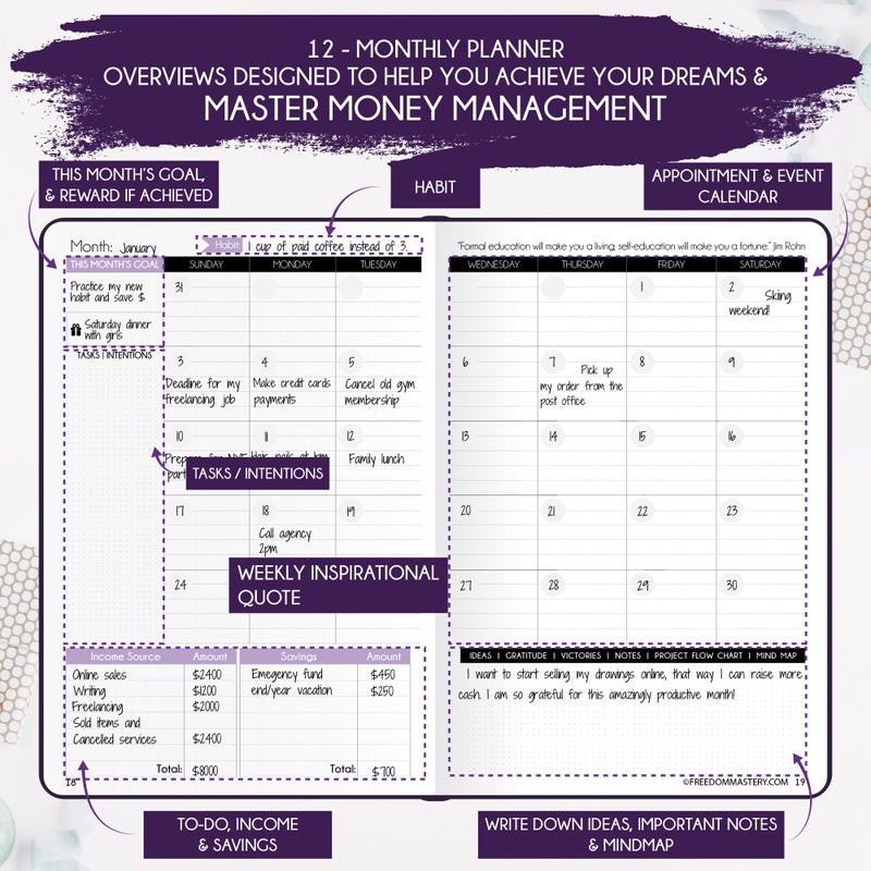 Freedom Mastery Budget Planner and Monthly Bill Organizer - Finance Planner, 12-Month Journey to Financial Freedom | Bill Payment Tracker Monthly Organizer, Money Saving & Expense Tracker | Undated Budgeting Journal - Image 5