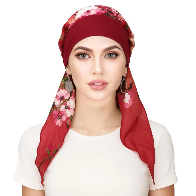 فاداشي أغطية رأس فاداشي للنساء اللواتي يخضعن للعلاج الكيميائي، قبعات خفيفة الوزن مناسبة للصيف مع وشاح للرأس، عمامات شعر ناعمة كالحرير، أغطية رأس أنيقة لمرضى السرطان، قطعة واحدة - أحمر مزهر، مقاس واحد - Image 1