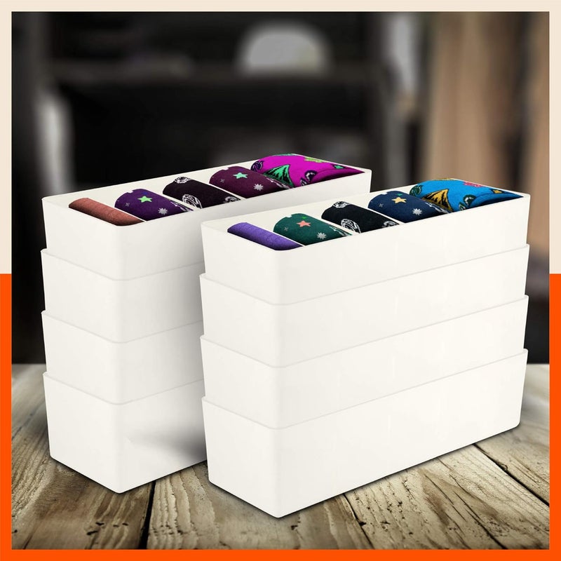 Bathla منظمات الأدراج (مجموعة من 8) - 5 أقسام بلون العاج منظمات تخزين متعددة الاستخدامات للخزائن | منظمات خزانة قابلة للتكديس للجوارب، الملابس الداخلية، الروابط، المجوهرات والقرطاسية | صندوق تخزين بلاستيكي - Image 2