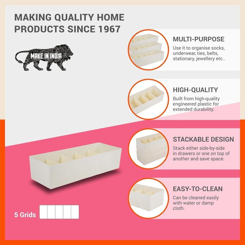 Bathla منظمات الأدراج (مجموعة من 8) - 5 أقسام بلون العاج منظمات تخزين متعددة الاستخدامات للخزائن | منظمات خزانة قابلة للتكديس للجوارب، الملابس الداخلية، الروابط، المجوهرات والقرطاسية | صندوق تخزين بلاستيكي - Image 3