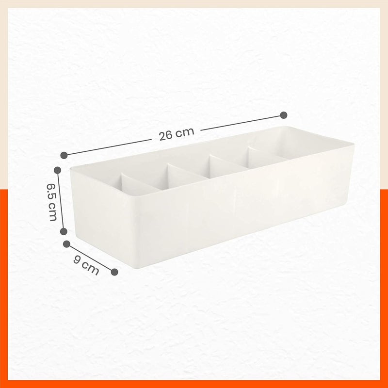 Bathla منظمات الأدراج (مجموعة من 8) - 5 أقسام بلون العاج منظمات تخزين متعددة الاستخدامات للخزائن | منظمات خزانة قابلة للتكديس للجوارب، الملابس الداخلية، الروابط، المجوهرات والقرطاسية | صندوق تخزين بلاستيكي - Image 4