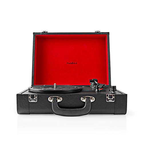 Nedis Turntable Record Player | Vinyl Records |18 W Built-in Speakers, Bluetooth, 4-Hour Battery Life | Extra Diamond Stylus Needle in Box Leather Suitcase (Black) - Image 1