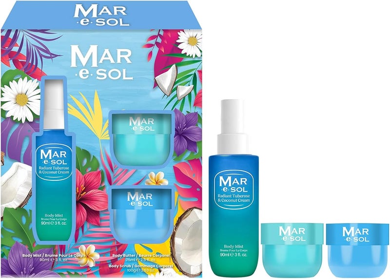 Mar.e.SOL Radiant Tuberose & Coconut Cream Gift Set – Body Mist 90ml + Scrub 100g + Body Butter 75ml Floral & Creamy Long-Lasting Fragrance Hydrating Care Gift Set for Women - Image 1