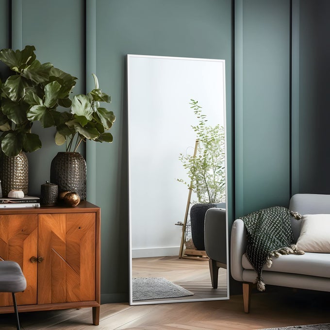 FULL LENGTH MIRROR 59 X 16 ALUMINUM ALLOY FRAME FLOOR MIRROR WITH STAND LARGE BEDROOM MIRROR FREE STANDING OR WALL MOUNTED OR LEANING AGAINST WALL WHITE AMR01055_M_USAM002